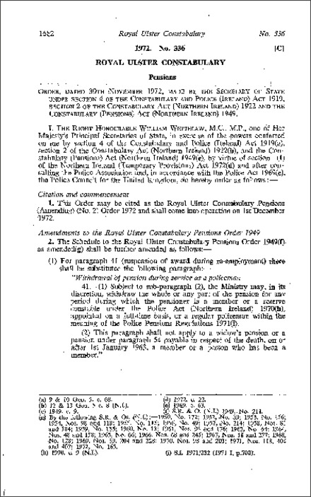 The Royal Ulster Constabulary Pensions (Amendment) (No. 2) Order (Northern Ireland) 1972