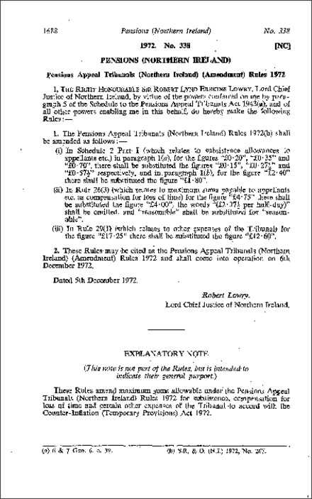 The Pensions Appeal Tribunals (Amendment) Rules (Northern Ireland) 1972