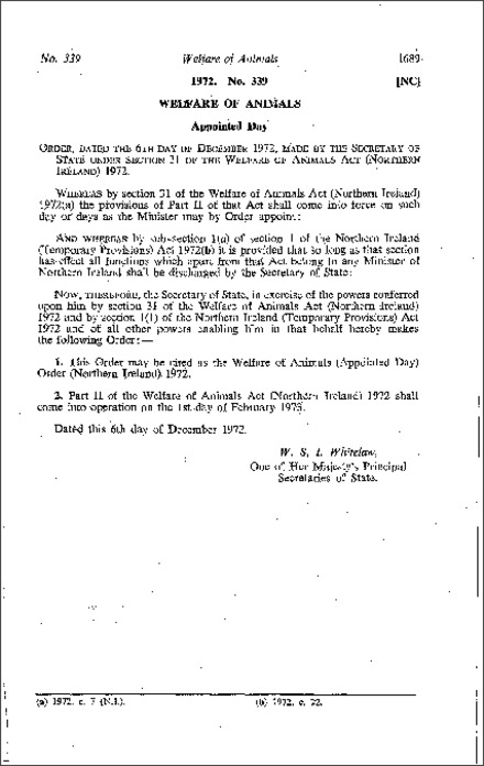 The Welfare of Animals (Appointed Day) Order (Northern Ireland) 1972