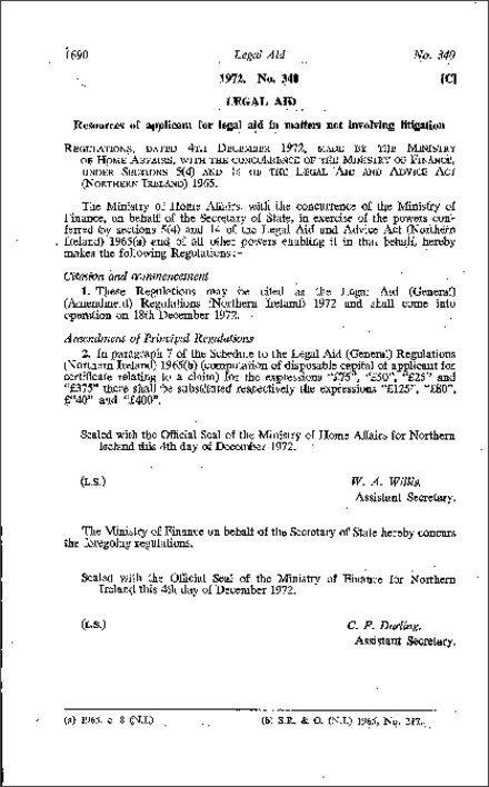 The Legal Aid (General) (Amendment) Regulations (Northern Ireland) 1972