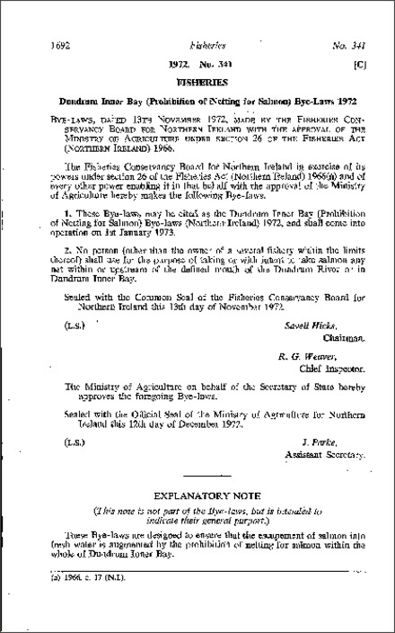 The Dundrum Inner Bay (Prohibition of Netting for Salmon) Bye-laws (Northern Ireland) 1972