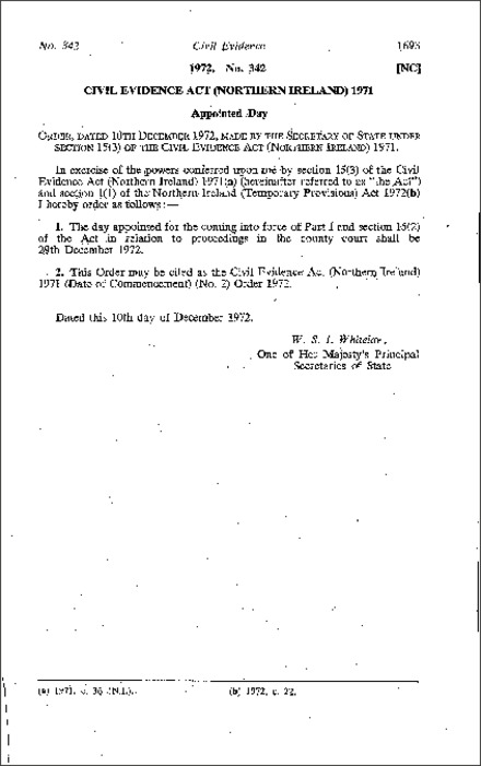 The Civil Evidence Act 1971 (Date of Commencement) (No. 2) Order (Northern Ireland) 1972