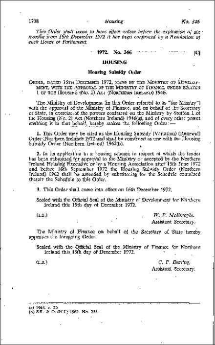 The Housing Subsidy (Variation) (Renewal) Order (Northern Ireland) 1972