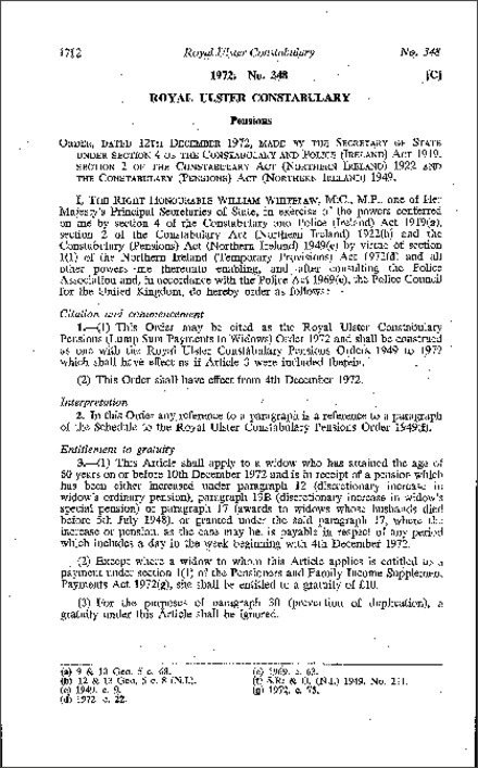 The Royal Ulster Constabulary Pensions (Lump Sum Payments to Widows) Order (Northern Ireland) 1972