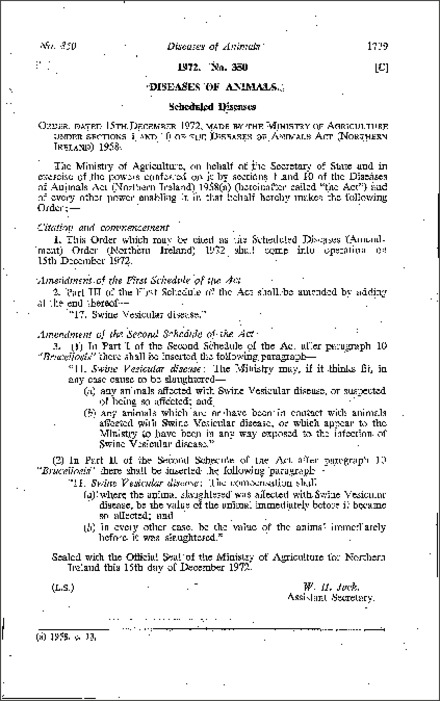 The Scheduled Diseases (Amendment) Order (Northern Ireland) 1972