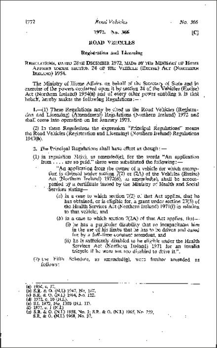 The Road Vehicles (Registration and Licensing) (Amendment) Regulations (Northern Ireland) 1972