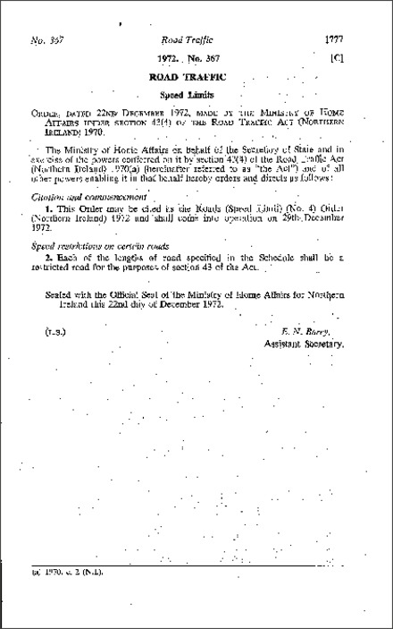 The Roads (Speed Limit) (No. 4) Order (Northern Ireland) 1972