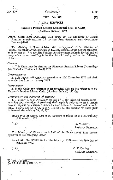 The Firemen's Pension Scheme (Amendment) (No. 2) Order (Northern Ireland) 1972