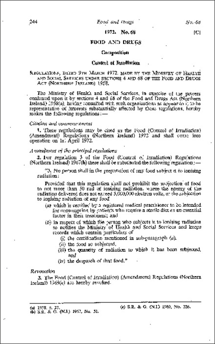 The Food (Control of Irradiation) (Amendment) Regulations (Northern Ireland) 1972