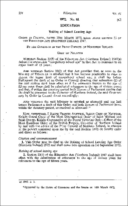 The Raising of School Leaving Age Order (NI) 1972