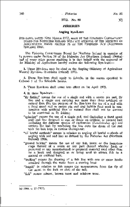 The Angling (Ministry of Agriculture Waters) Bye-Laws (Northern Ireland) 1972