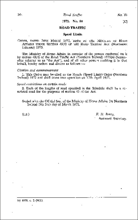 The Roads (Speed Limit) Order (Northern Ireland) 1972