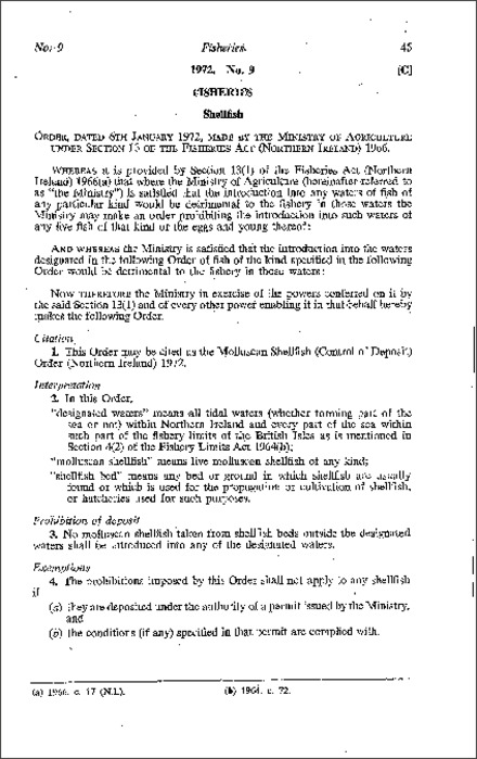 The Molluscan Shellfish (Control of Deposit) Order (Northern Ireland) 1972