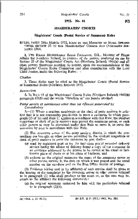 The Magistrates' Courts (Postal Service of Summons) Rules (Northern Ireland) 1972