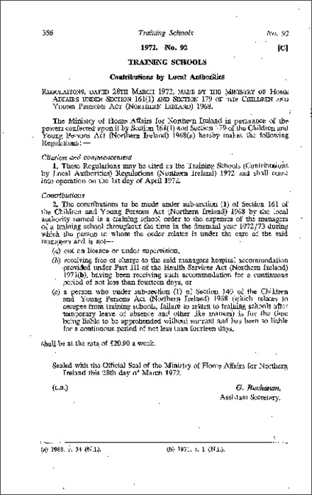 The Training Schools (Contributions by Local Authorities) Regulations (Northern Ireland) 1972