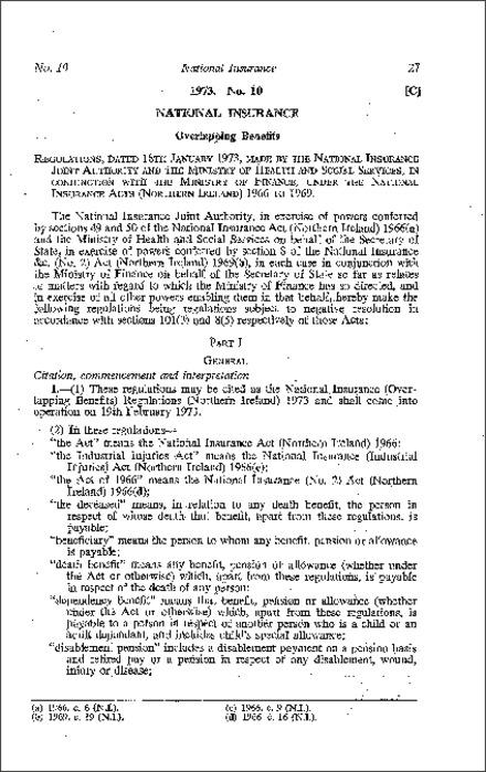 The National Insurance (Overlapping Benefits) Regulations (Northern Ireland) 1973