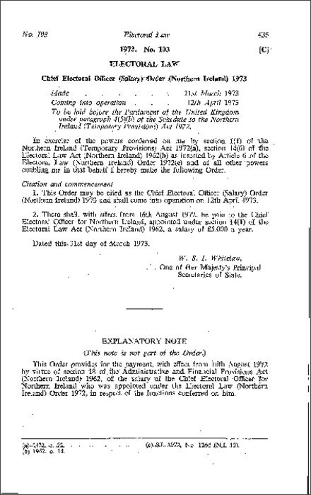 The Chief Electoral Officer (Salary) Order (Northern Ireland) 1973