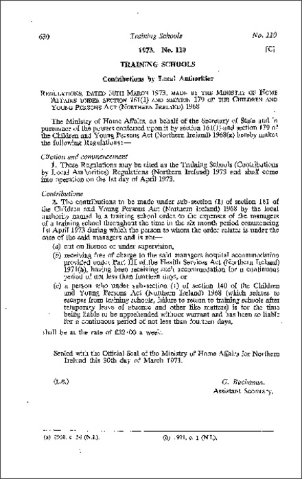 The Training Schools (Contributions by Local Authorities) Regulations (Northern Ireland) 1973