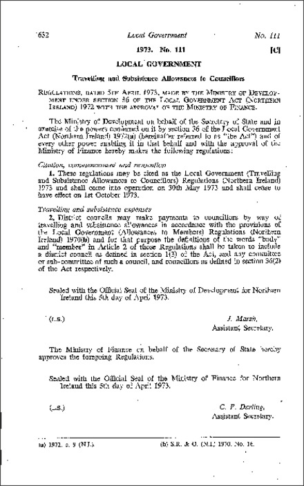 The Local Government (Travelling and Subsistence Allowances to Councillors) Regulations (Northern Ireland) 1973