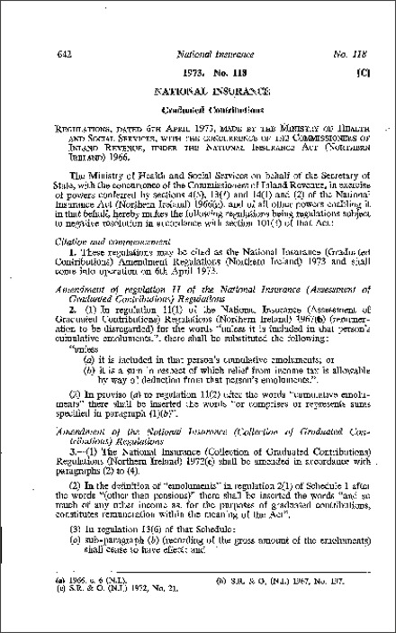 The National Insurance (Graduated Contributions) Amendment Regulations (Northern Ireland) 1973