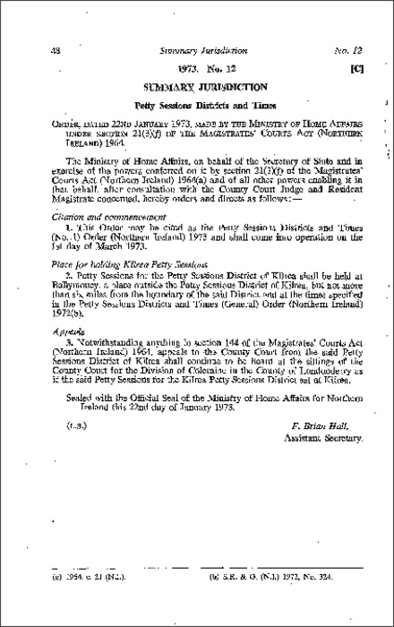 The Petty Sessions Districts and Times (No. 1) Order (Northern Ireland) 1973