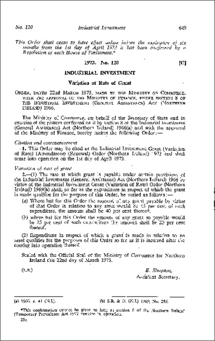 The Industrial Investment Grant (Variation of Rate) (Amendment) (Renewal) Order (Northern Ireland) 1973