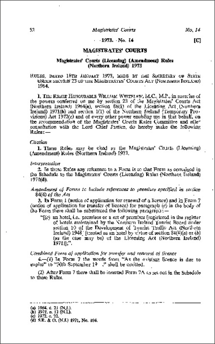 The Magistrates' Courts (Licensing) (Amendment) Rules (Northern Ireland) 1973