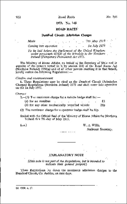 The Dundrod Circuit (Admission Charges) Regulations (Northern Ireland) 1973