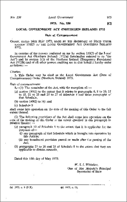 The Local Government Act (Date of Commencement) Order (Northern Ireland) 1973