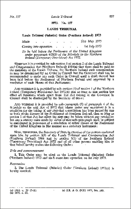 The Lands Tribunal (Salaries) Order (Northern Ireland) 1973