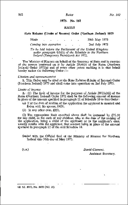 The Rate Rebates (Limits of Income) Order (Northern Ireland) 1973