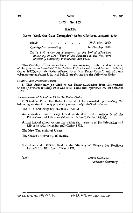 The Rates (Exclusion from Exemption) Order (Northern Ireland) 1973