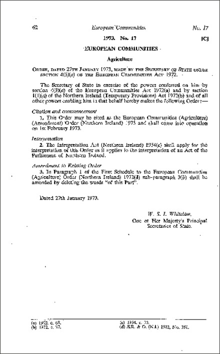 The European Communities (Agriculture) (Amendment) Order (Northern Ireland) 1973