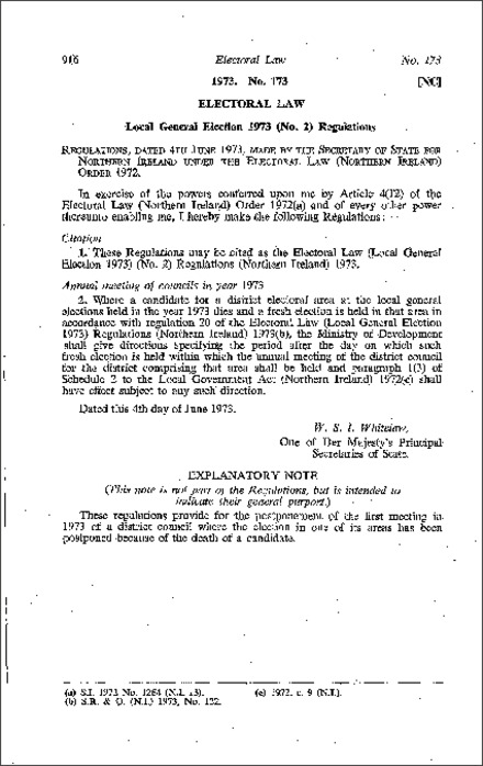 The Electoral Law (Local General Election 1973) (No. 2) Regulations (Northern Ireland) 1973