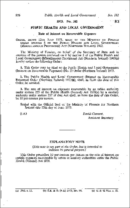 The Public Health and Local Government (Interest on Recoverable Expenses) No. 2 Order (Northern Ireland) 1973