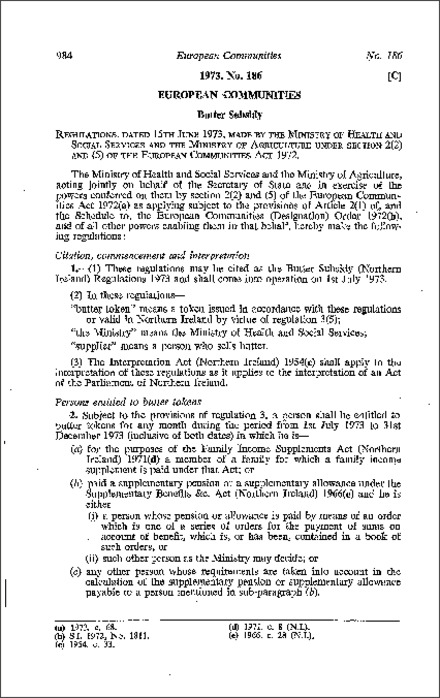The Butter Subsidy Regulations (Northern Ireland) 1973