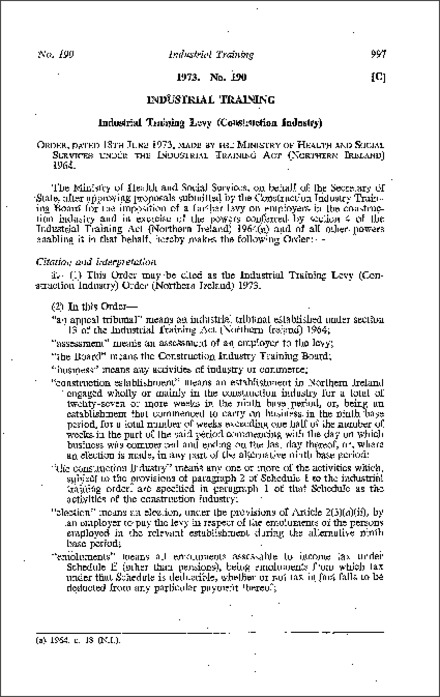 The Industrial Training Levy (Construction Industry) Order (Northern Ireland) 1973