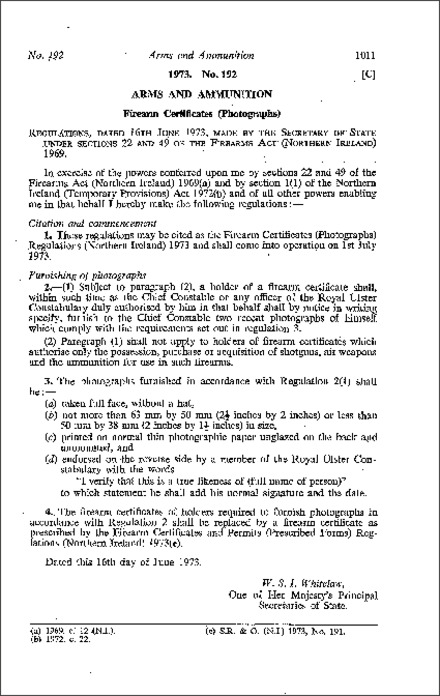 The Firearm Certificates (Photographs) Regulations (Northern Ireland) 1973