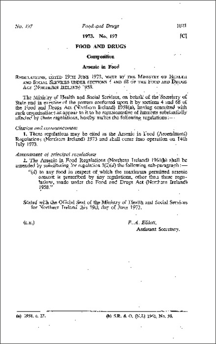 The Arsenic in Food (Amendment) Regulations (Northern Ireland) 1973