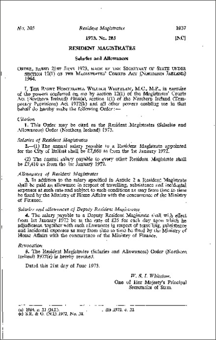 The Resident Magistrates (Salaries and Allowances) Order (Northern Ireland) 1973