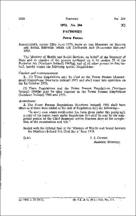 The Power Presses (Amendment) Regulations (Northern Ireland) 1973