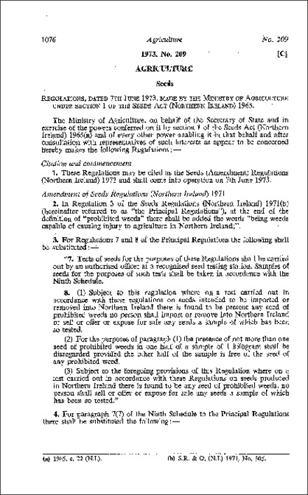 The Seeds (Amendment) Regulations (Northern Ireland) 1973