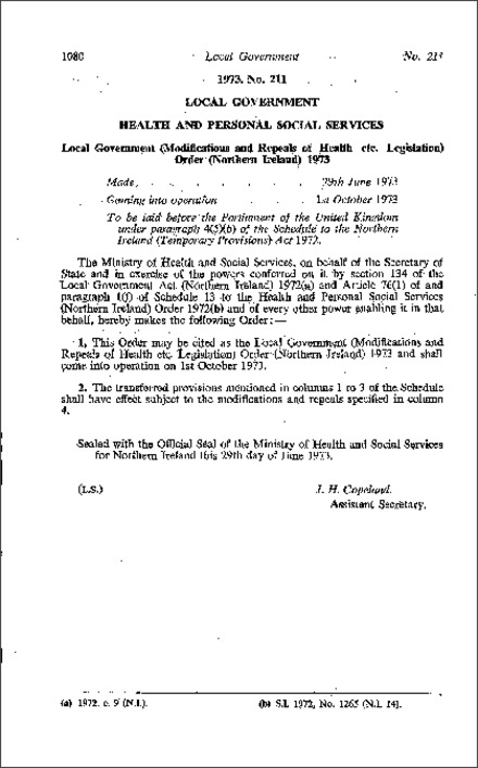 The Local Government (Modifications and Repeals of Health etc. Legislation) Order (Northern Ireland) 1973
