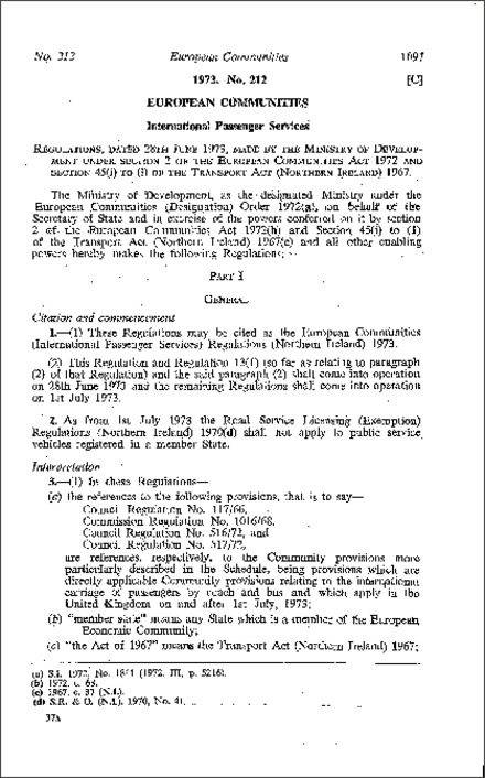 The European Communities (International Passenger Services) Regulations (Northern Ireland) 1973