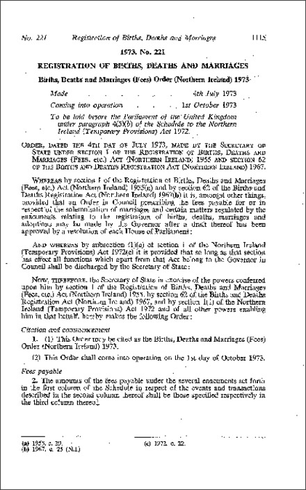 The Births, Deaths and Marriages (Fees) Order (Northern Ireland) 1973