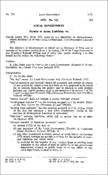 The Local Government (Transfer of Assets, Liabilities, etc.) Order (Northern Ireland) 1973