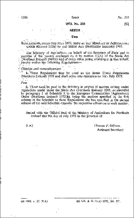 The Seeds (Fees) Regulations (Northern Ireland) 1973