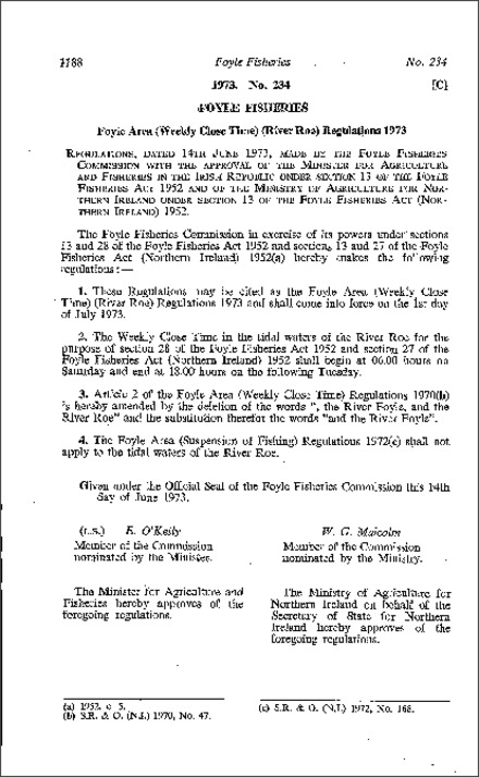 The Foyle Area (Weekly Close Time) (River Roe) Regulations (Northern Ireland) 1973