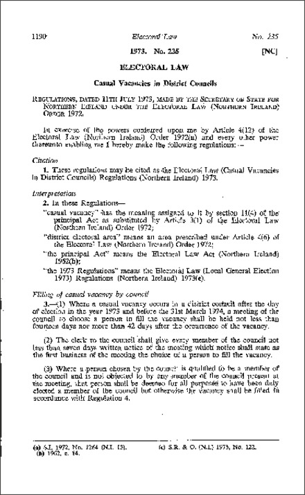 The Electoral Law (Casual Vacancies in District Councils) Regulations (Northern Ireland) 1973