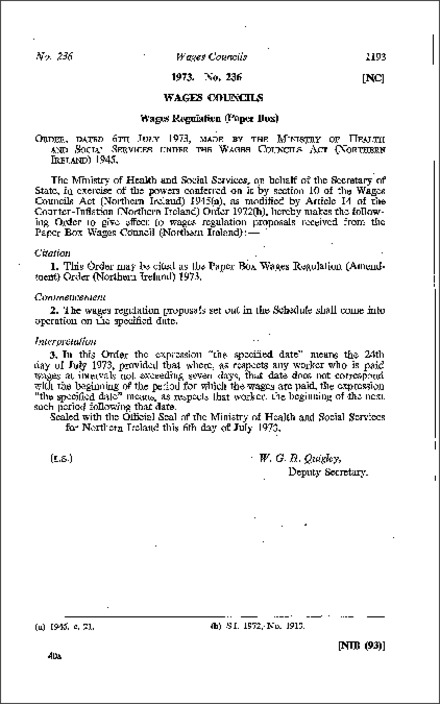 The Paper Box Wages Regulation (Amendment) Order (Northern Ireland) 1973